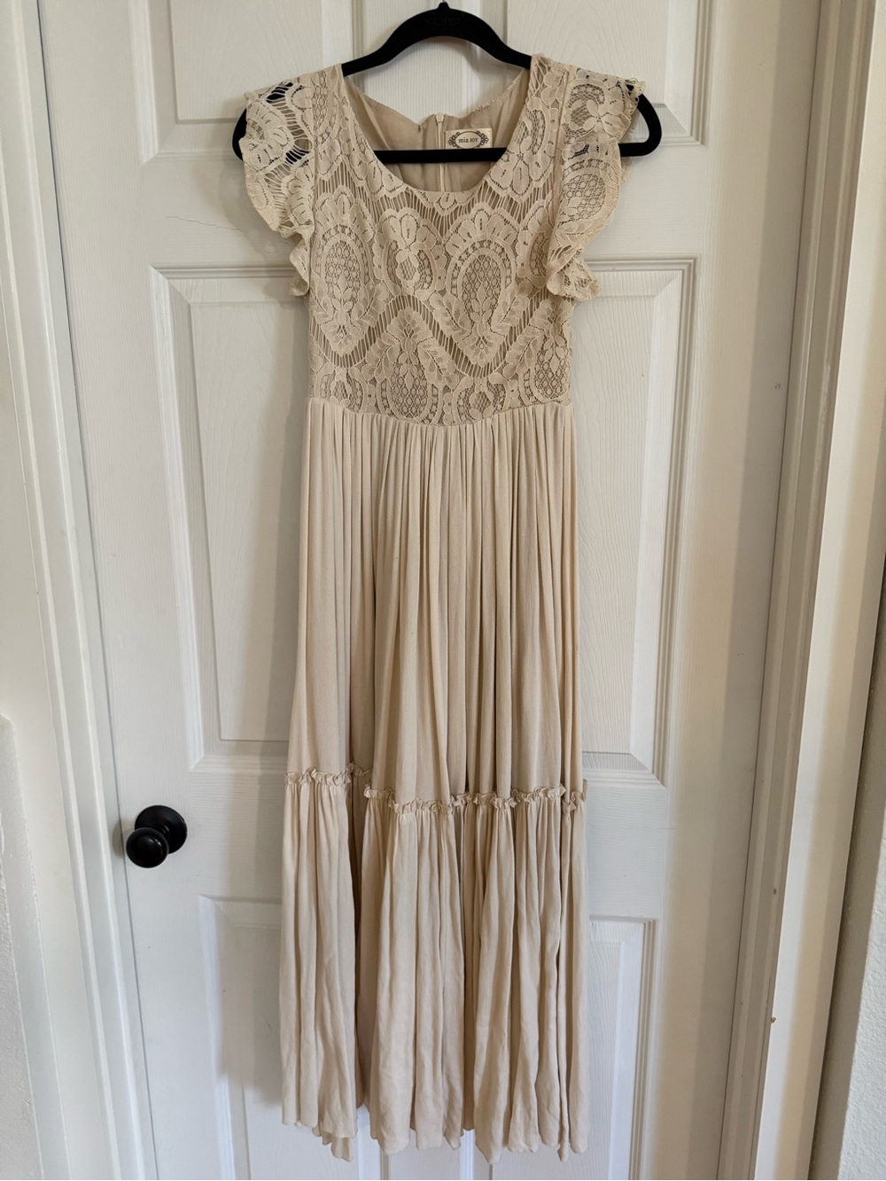 Girls' Cream Lace Bodice Maxi Dress with Flutter Sleeves